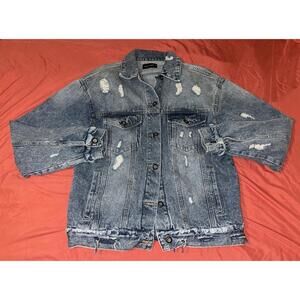 Women's Distressed Denim Jean Jacket Size Medium Blue Age Long Sleeve 4 Button